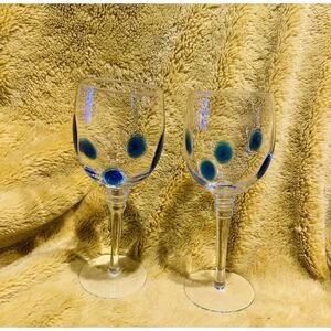 Stephen Kramer for Vietri Wine Glasses Italy Blue Swirl Dot Goblet Set Of 2 Cups